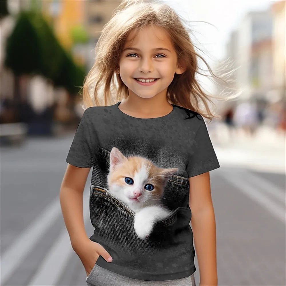 Kids Girls' Clothes 3D Cat Print Tee Shirt Short Sleeve Children's Clothing Fashion Costumes for Girls Top Aged from 2 To12 Year