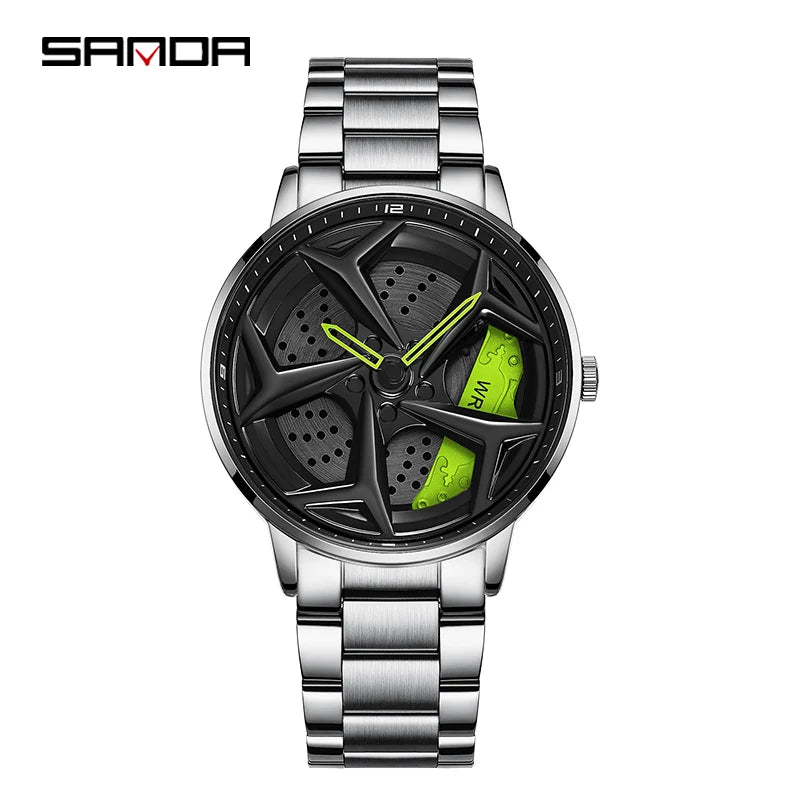 SANDA P1087 Top Brand Sport Car Wheel Rim Hub Watches For GTR Men Super Watch Stainless Steel Waterproof WristWatch Male Reloj