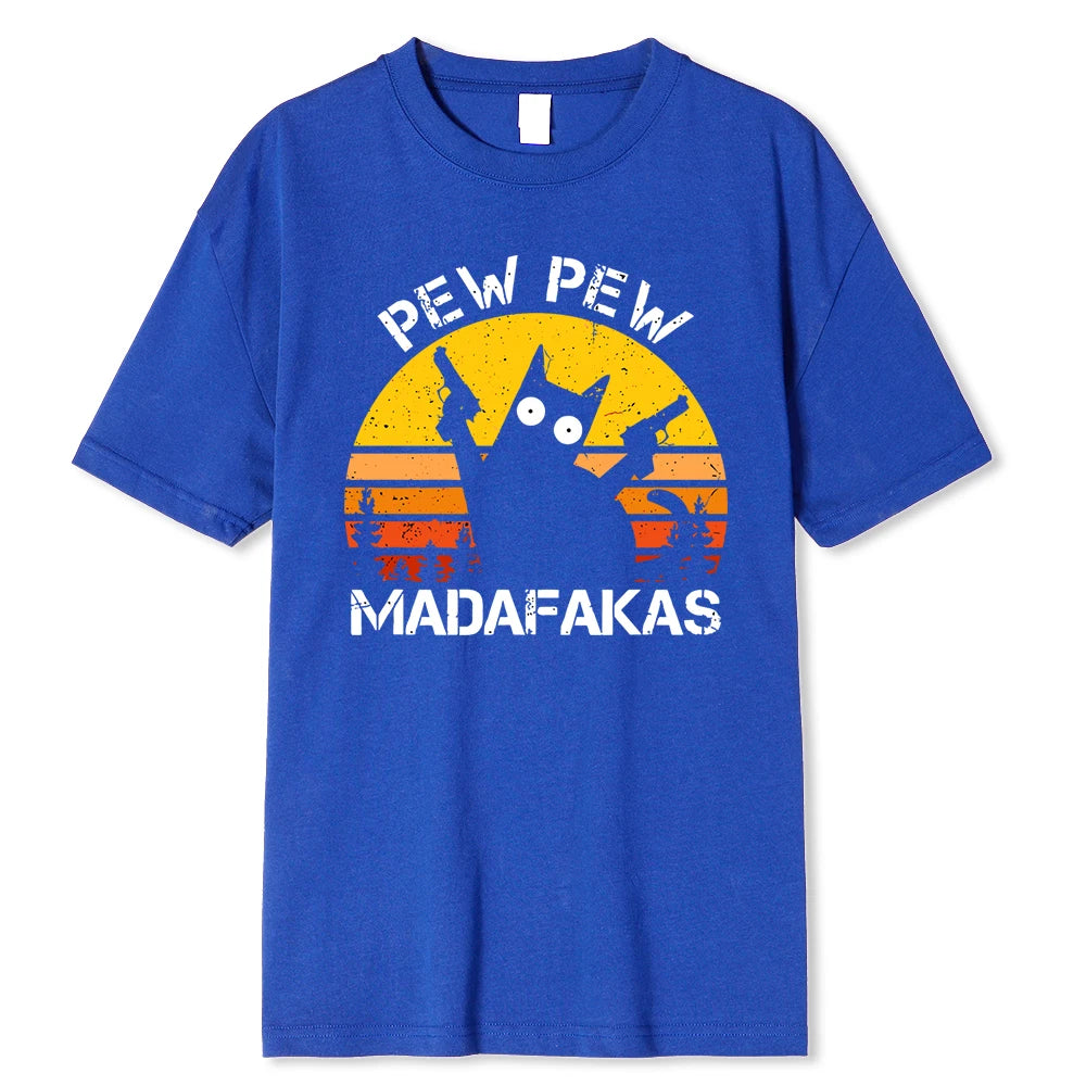 Pew Pew Madafakas Cat With Two Guns Printing Men T Shirts Summer Cotton T-Shirts Breathable Loose Clothes Hip Hop Street Tees