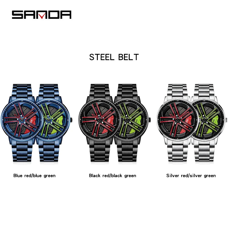 SANDA P1090 Regarder Mens Rim Hub Watch Wheel Wristwatch Clock Sport Car Creative 360 Spinning male WristWatches Reloj de hombre