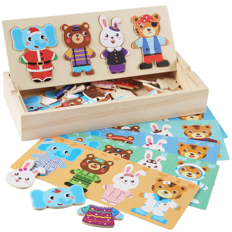 Montessori Little Bear Change Clothes Kids Early Education Wooden Jigsaw Puzzle Dressing Game Baby Puzzle Toys For Children Gift