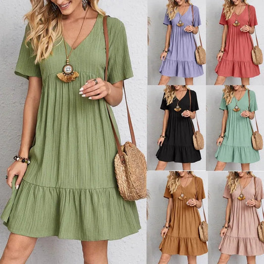 Summer Dress Women 2024 Solid V Neck A-Line Casual Loose Short Sleeve Mini Beach Dress Vintage Harajuku Fashion Woman Clothes