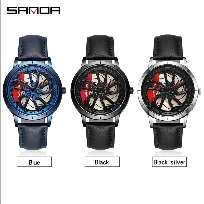 SANDA 1086 360 Degrees Rotating Wheel Dial Men's Quartz Watches Men Fashion Business Racing Car Rim Wristwatch Relogio Masculino