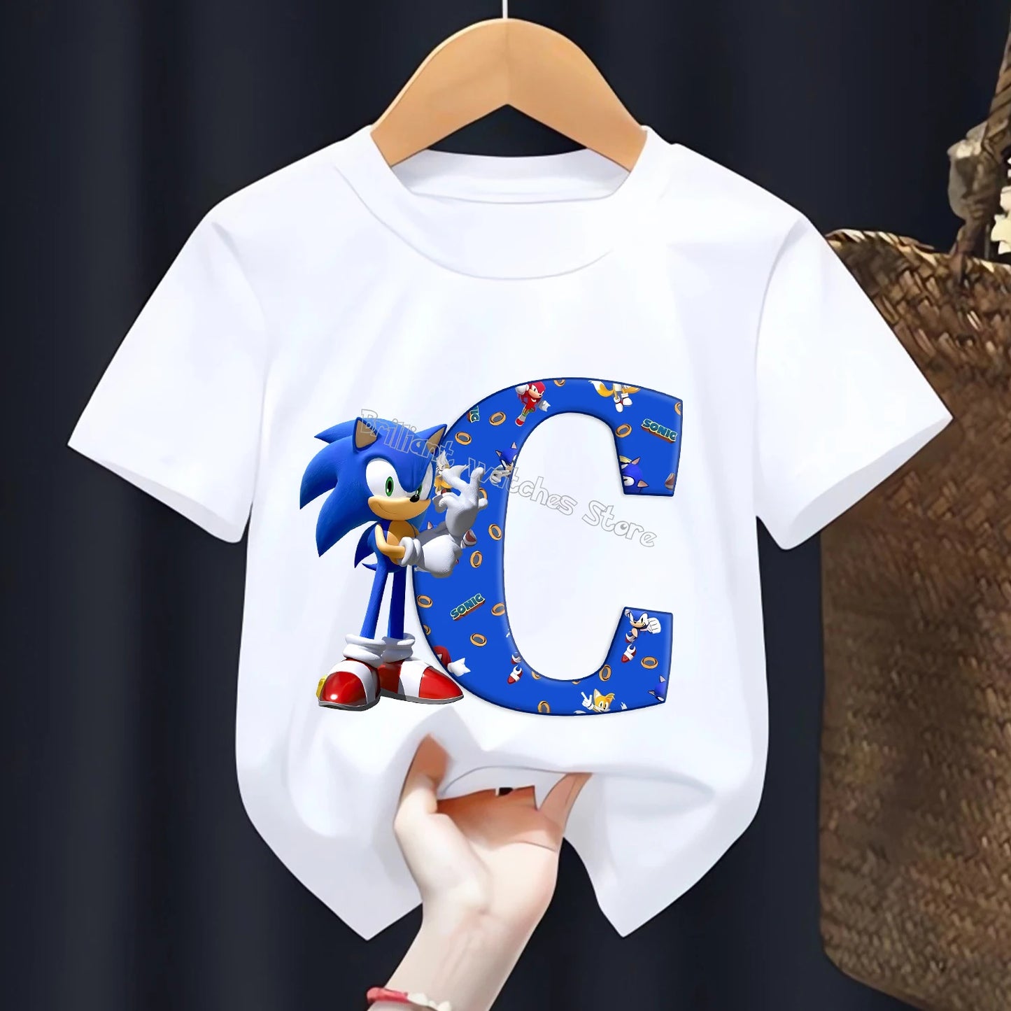 Sonic T-shirt for Children Letters A-Z Tee Top Cartoon Boys Clothes Fashion White Short Sleeve Kids Anime Loose Clothing Gift