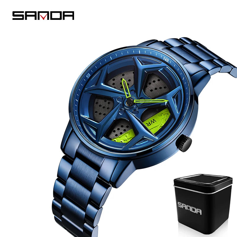 SANDA P1087 Top Brand Sport Car Wheel Rim Hub Watches For GTR Men Super Watch Stainless Steel Waterproof WristWatch Male Reloj