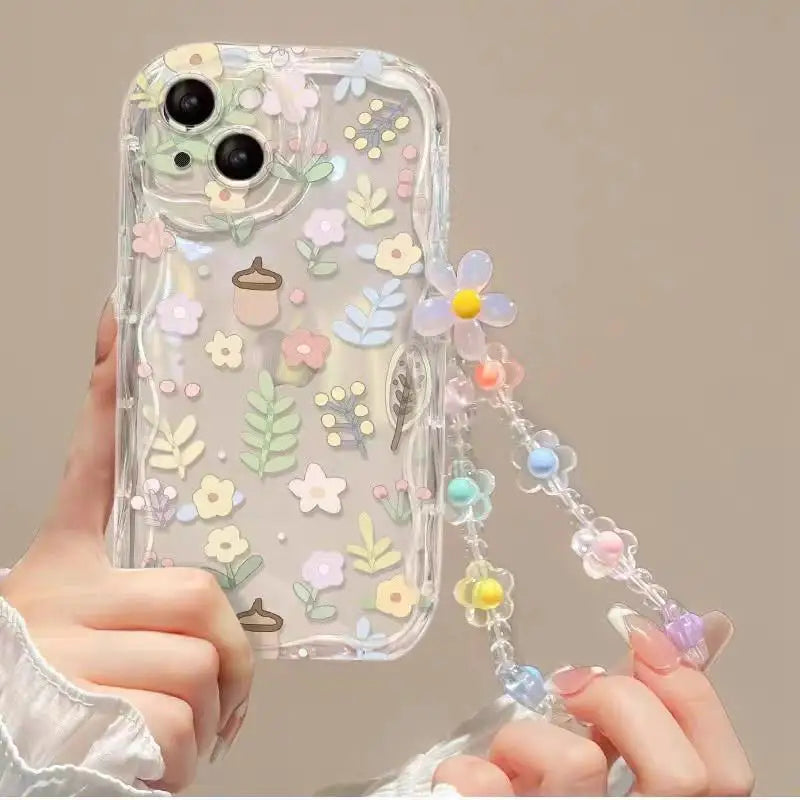 Phone Case For iPhone 16 15 Pro Max 14 11 13 12 Mini XR 8 7 Plus X XS SE 2020 2022  Back Cover Flower Bracelet Wrist Chain Strap