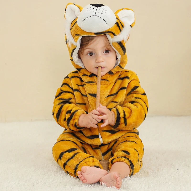 MICHLEY Halloween Baby Rompers Winter Clothes Flannel Hooded Bodysuits Pajamas Animals Overall Jumpsuit For Girls Boys Kids