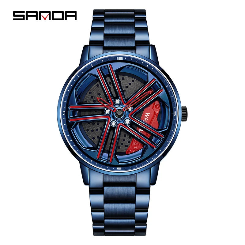 SANDA P1090 Regarder Mens Rim Hub Watch Wheel Wristwatch Clock Sport Car Creative 360 Spinning male WristWatches Reloj de hombre