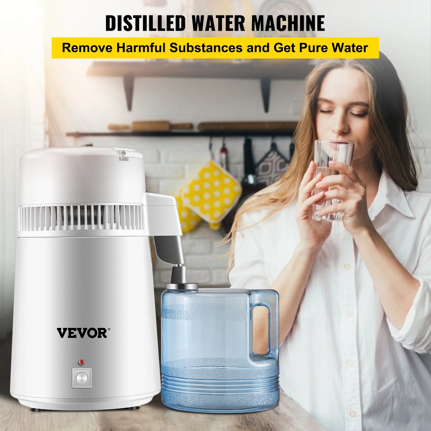 VEVOR 4L Water Distiller Purifier Filter Dispenser Heating Drinking Bottle Softener 304 Stainless Steel for Office Homes