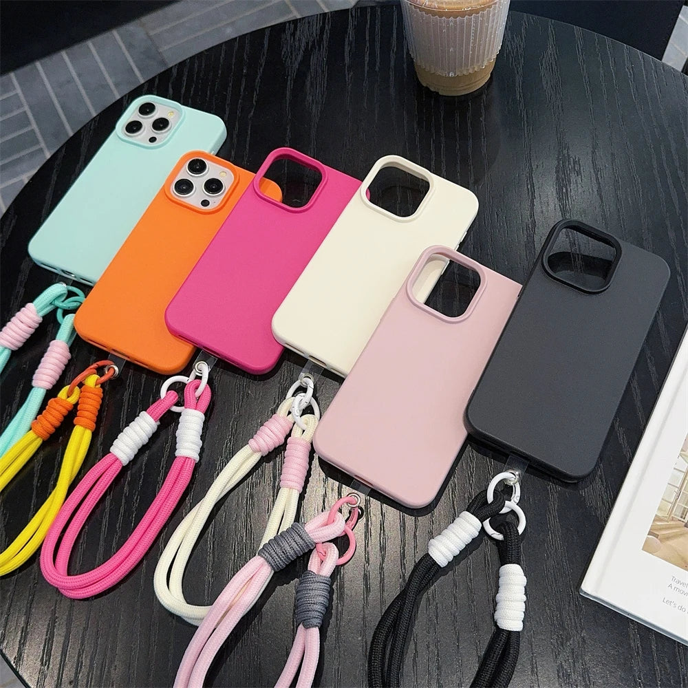 Fashion Cute Candy Leather Texture With Wrist Strap Case For iPhone 15 14 11 12 13 16 Pro Max Plus X XR XsMax Solid Color Cover