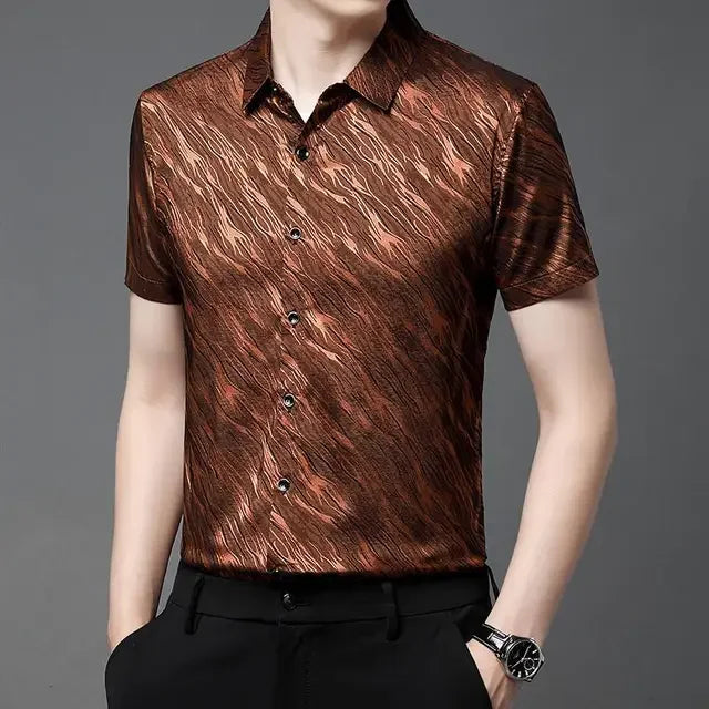 Printed Elastic Mens Shirts Loose Summer Mens Clothing Large Sizes Blouse Soft Comfortable Work Office Wear Stretch Clothes Gent