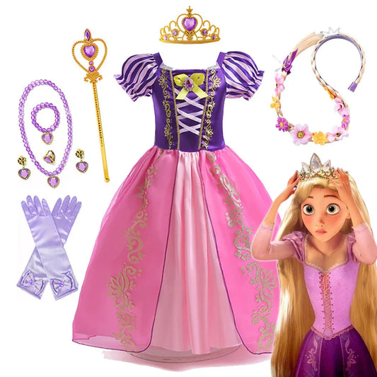 Disney Rapunzel Princess Dress Girl Purple Puff Sleeve Cosplay Tangled Costume Halloween Vestido Kids Birthday Ball Gown Clothes