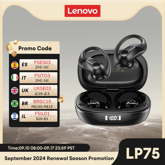 Lenovo LP75 TWS Bluetooth V5.3 headphones are wireless earphones that come with an LED digital display. They provide noise reduction and are waterproof, making them ideal for different activities. These headphones are brand new and perfect for listening t