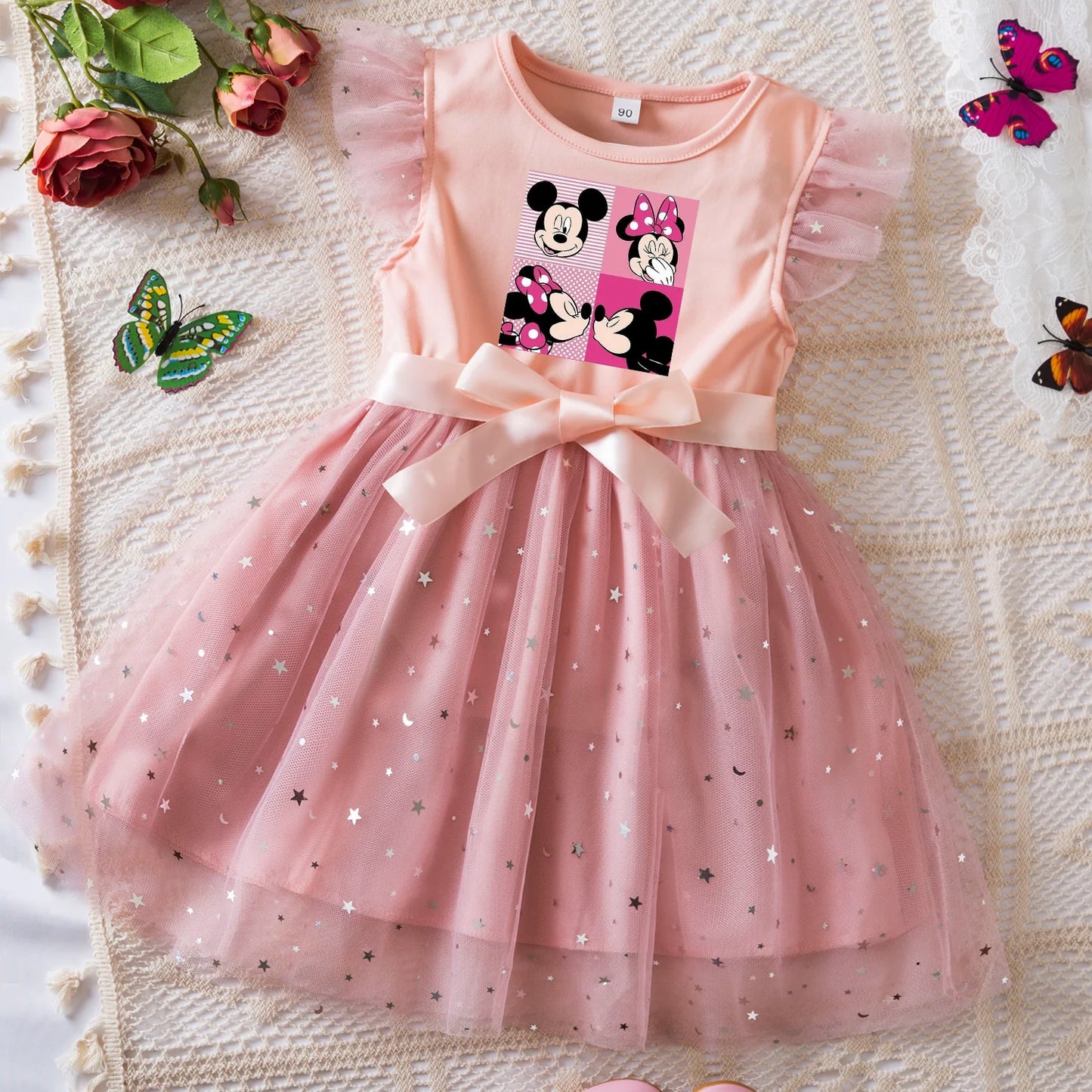 Mickey Minnie Mouse Girls Summer Clothes Flying Sleeves Bow Sequin Dress 2-6Y Kid Birthday Tutu Princess Dress for Baby Girl