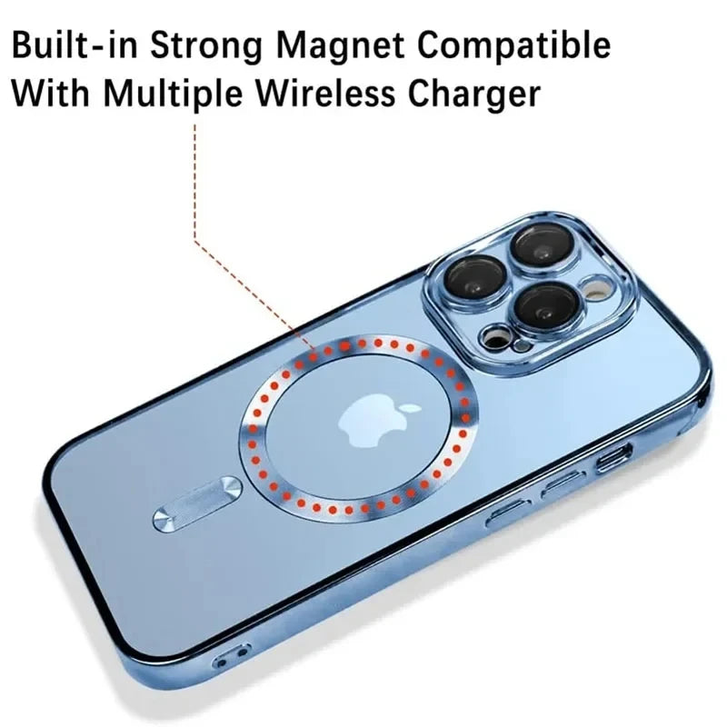 Luxury Wireless Charge Magsafe Phone Case For iPhone 15 14 13 12 11 Pro Max Plus Transparent Magnetic Electroplate Bumper Cover