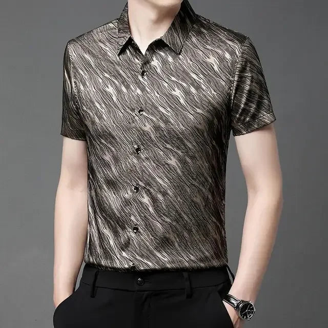 Printed Elastic Mens Shirts Loose Summer Mens Clothing Large Sizes Blouse Soft Comfortable Work Office Wear Stretch Clothes Gent