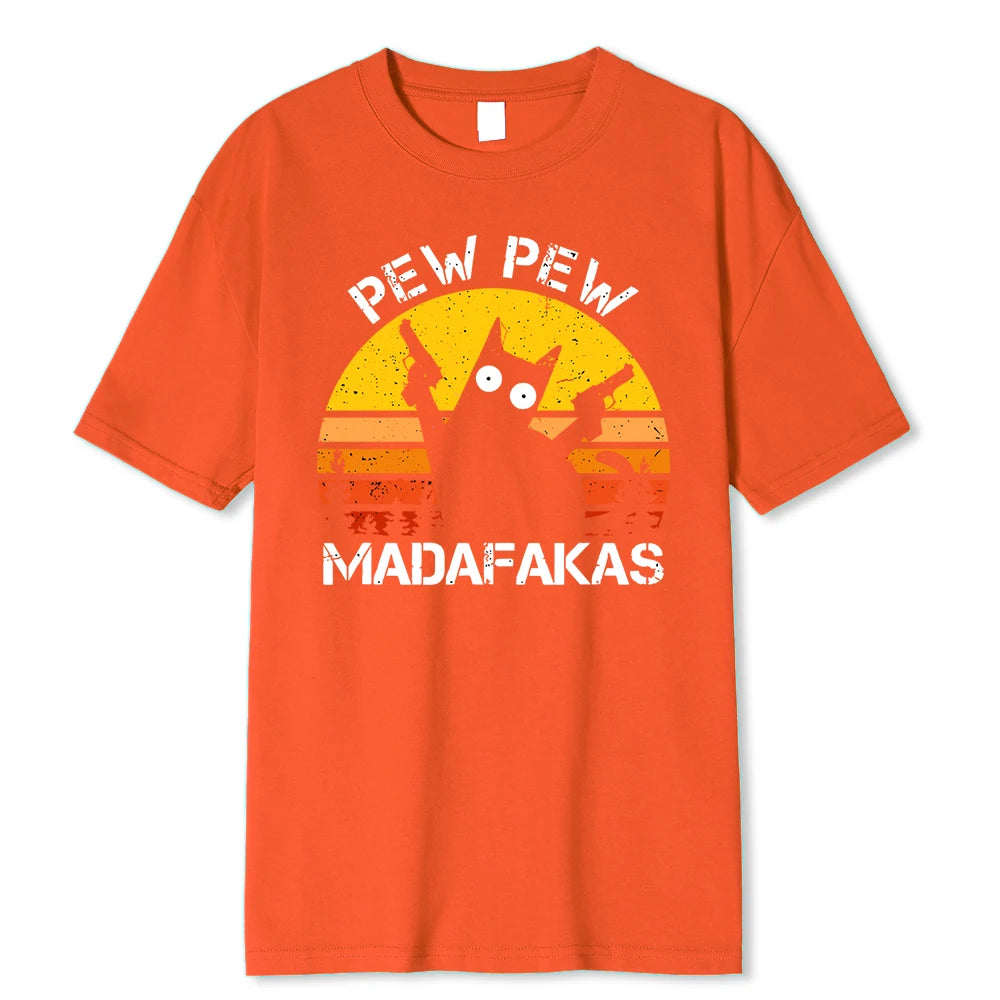 Pew Pew Madafakas Cat With Two Guns Printing Men T Shirts Summer Cotton T-Shirts Breathable Loose Clothes Hip Hop Street Tees