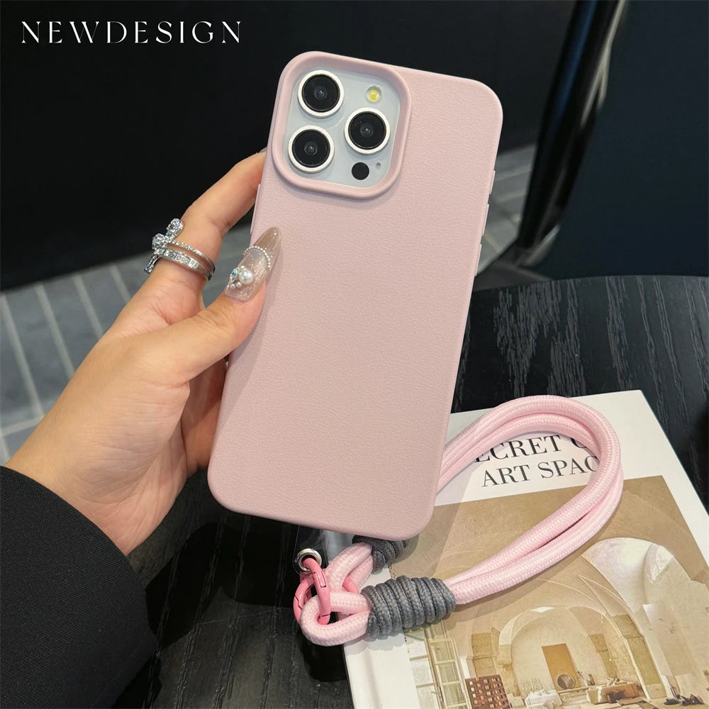 Fashion Cute Candy Leather Texture With Wrist Strap Case For iPhone 15 14 11 12 13 16 Pro Max Plus X XR XsMax Solid Color Cover