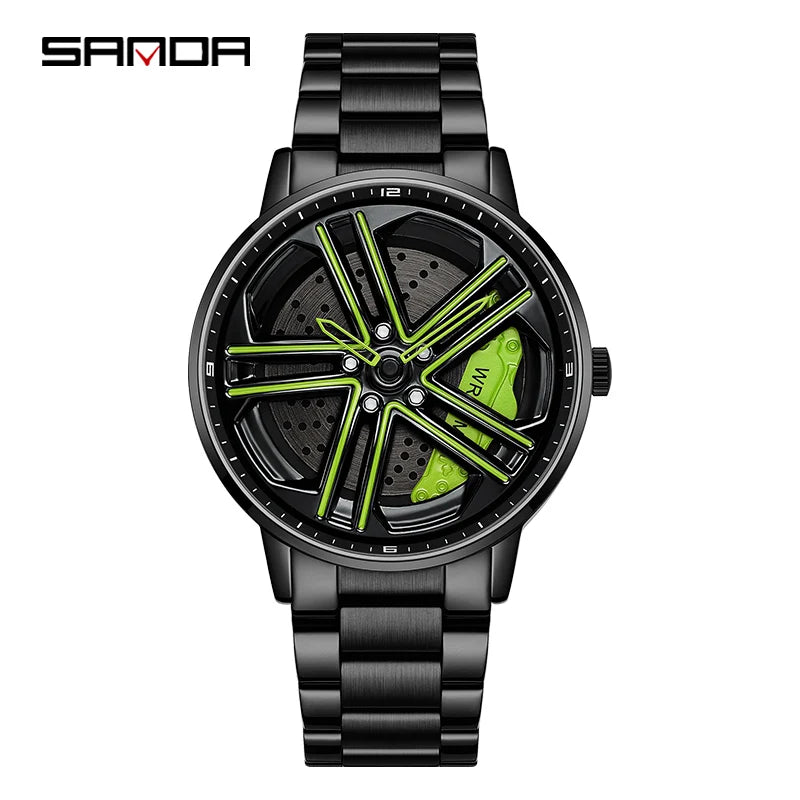 SANDA P1090 Regarder Mens Rim Hub Watch Wheel Wristwatch Clock Sport Car Creative 360 Spinning male WristWatches Reloj de hombre