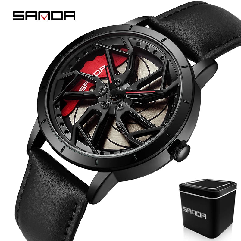 SANDA 1086 360 Degrees Rotating Wheel Dial Men's Quartz Watches Men Fashion Business Racing Car Rim Wristwatch Relogio Masculino