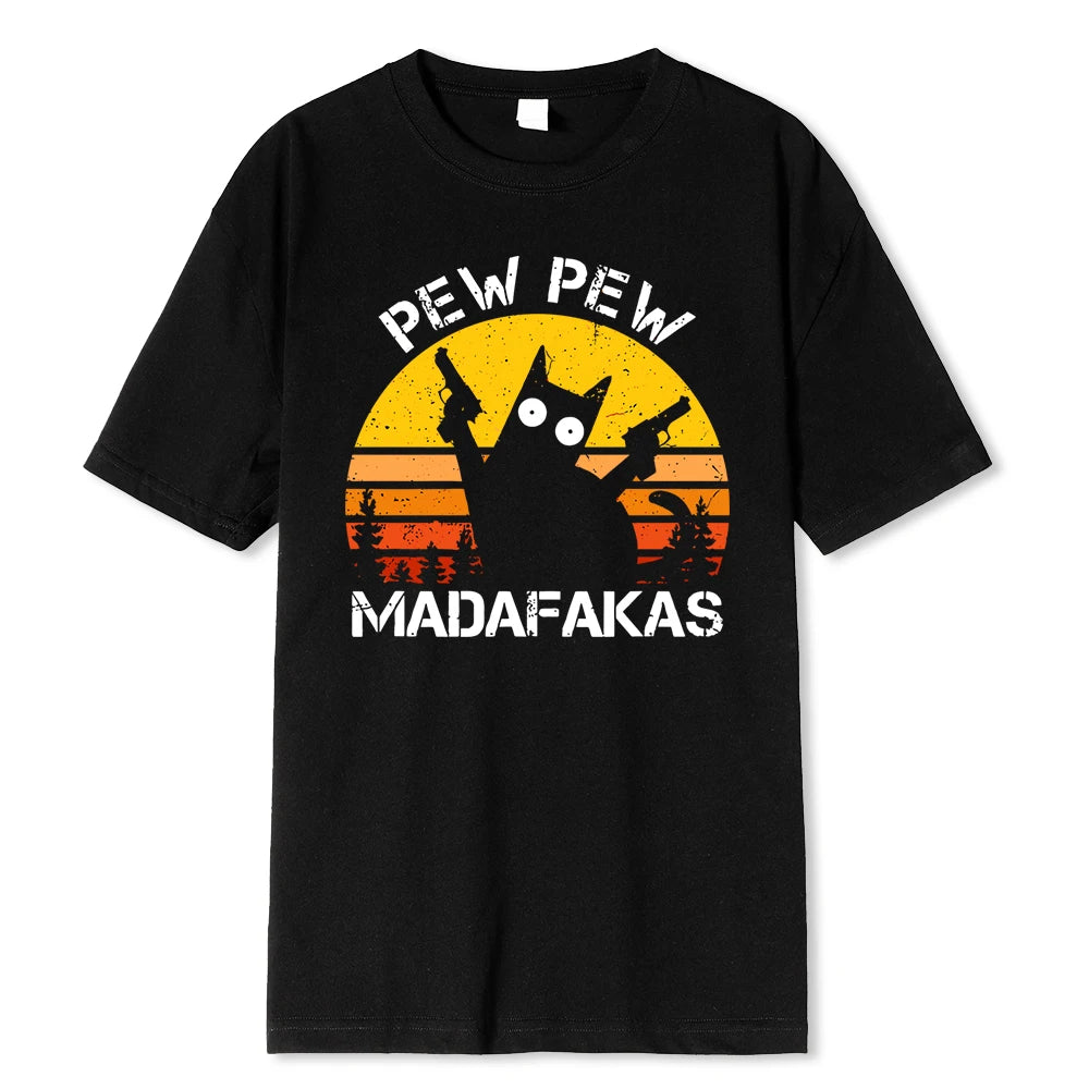 Pew Pew Madafakas Cat With Two Guns Printing Men T Shirts Summer Cotton T-Shirts Breathable Loose Clothes Hip Hop Street Tees