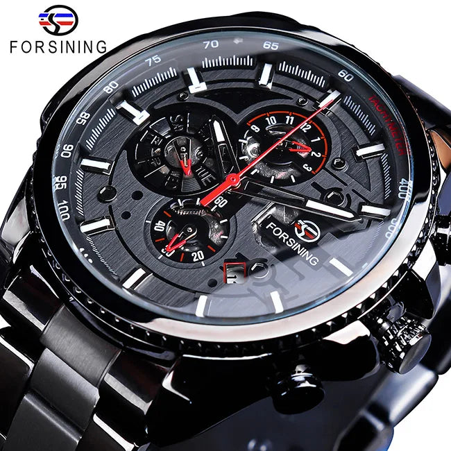 Forsining Top Men's Watches Military Stainless Steel Waterproof Date Week Display Brand Automatic Mechanical Watch for Men