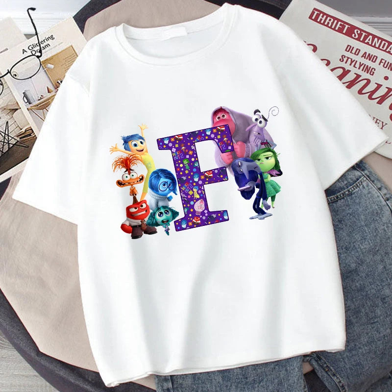 Disney Inside Out 2 Kids Cotton T-Shirt Anime Cartoon 26 Letter Printed Top Summer Loose Comfort Pullover Casual Clothes Gifts