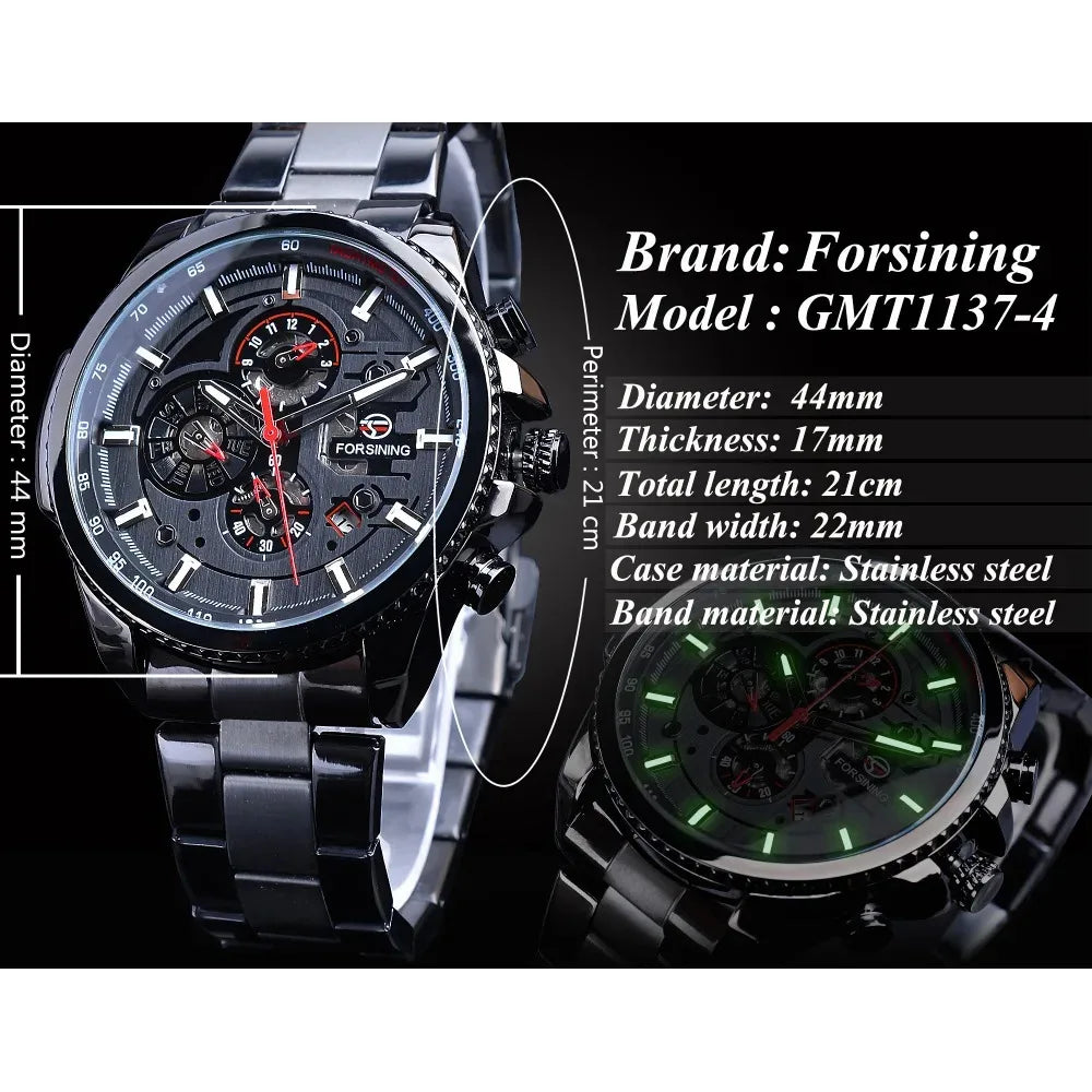 Forsining Top Men's Watches Military Stainless Steel Waterproof Date Week Display Brand Automatic Mechanical Watch for Men