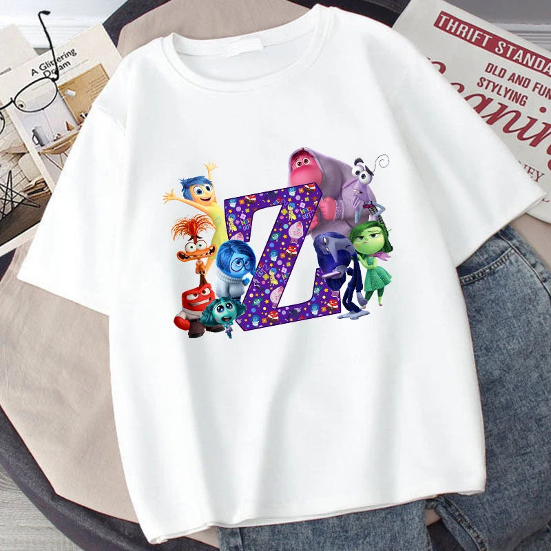 Disney Inside Out 2 Kids Cotton T-Shirt Anime Cartoon 26 Letter Printed Top Summer Loose Comfort Pullover Casual Clothes Gifts