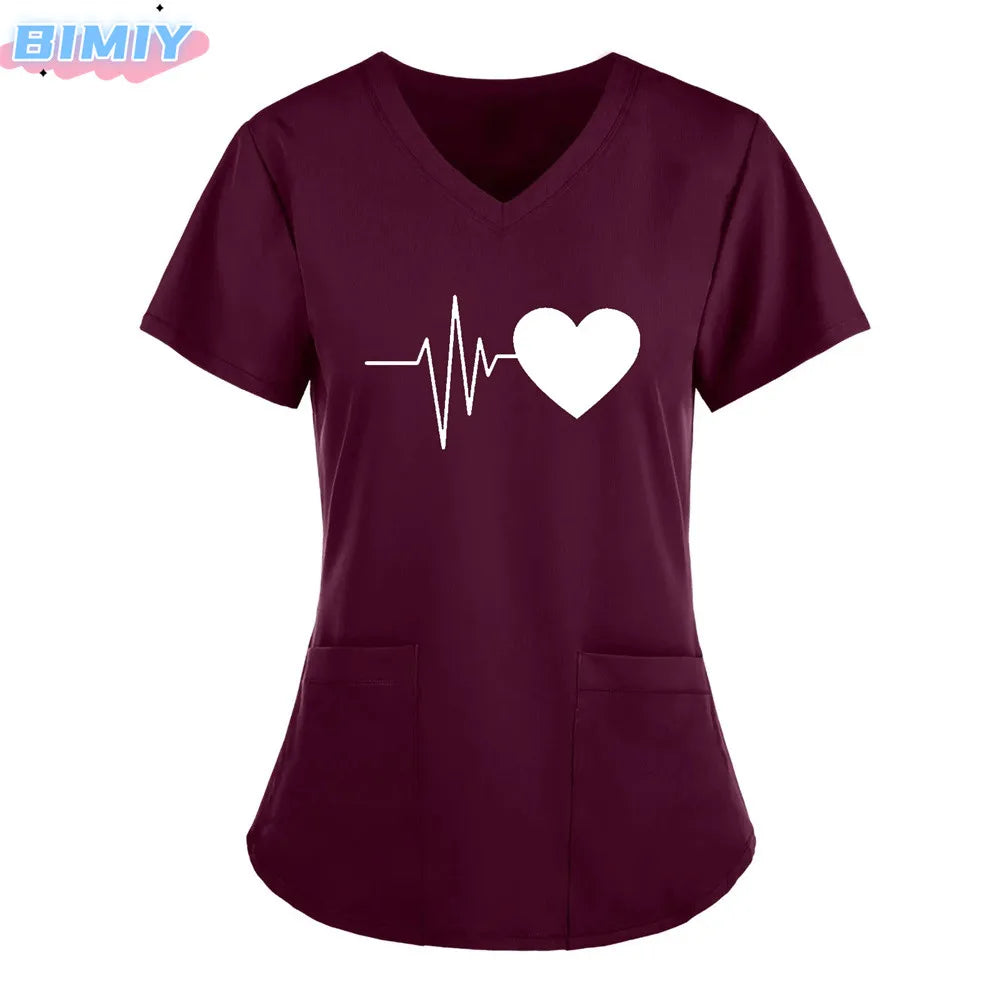 Letter Love Heart Nurse Uniform Print Tops V-Neck Pocket Medical Uniforms Nursing Scrubs Tops Working Clothes uniforme enfermera