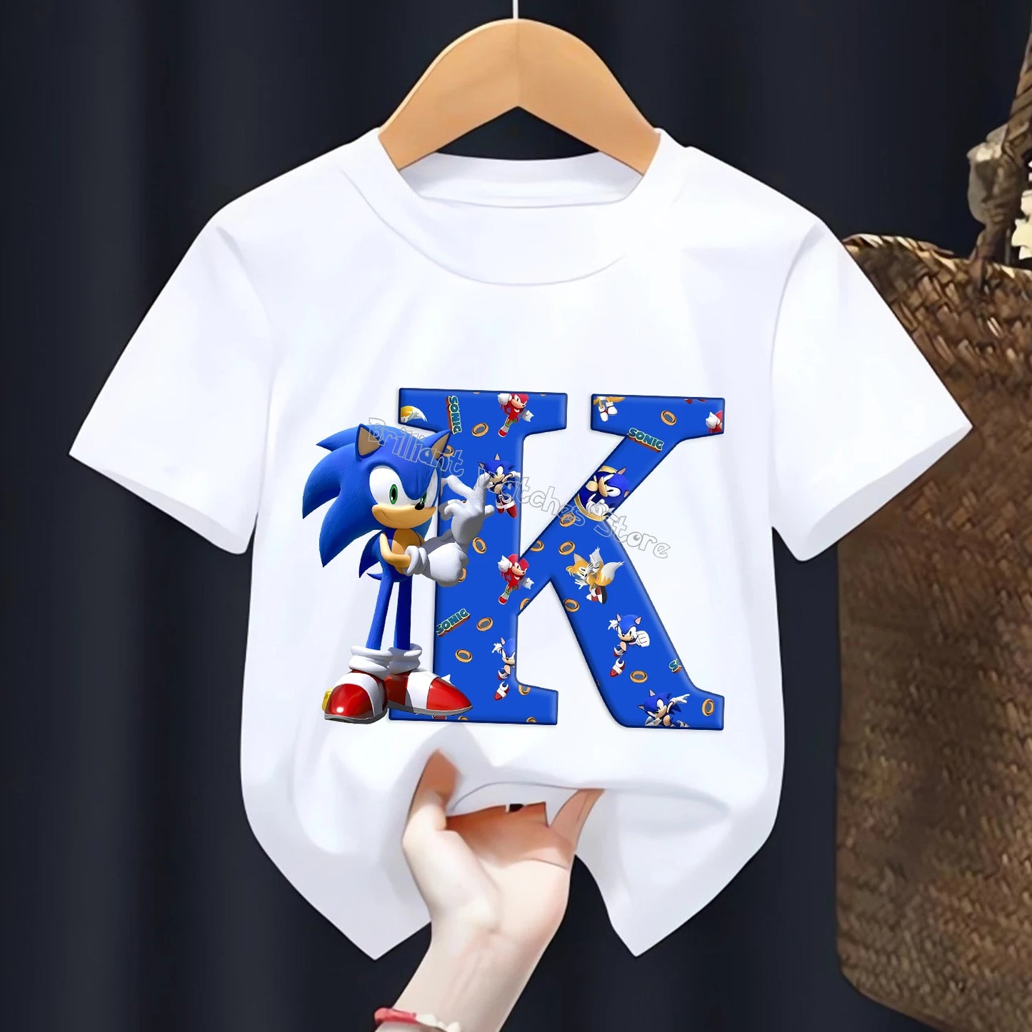 Sonic T-shirt for Children Letters A-Z Tee Top Cartoon Boys Clothes Fashion White Short Sleeve Kids Anime Loose Clothing Gift