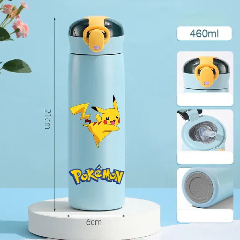 Pokemon 460ML Pikachu Portable Kids Thermos Mug with Straw Stainless Steel Cartoon Vacuum Flasks Cute Thermal Water Bottle