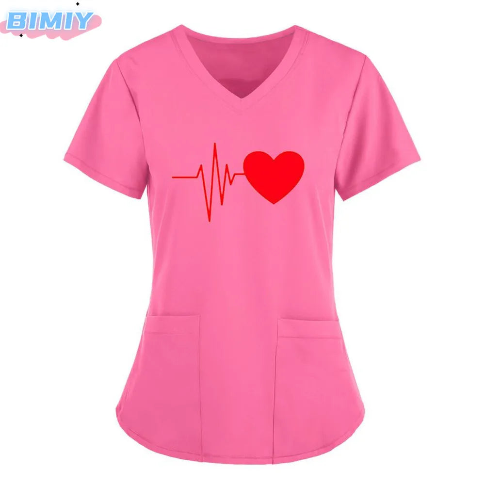 Letter Love Heart Nurse Uniform Print Tops V-Neck Pocket Medical Uniforms Nursing Scrubs Tops Working Clothes uniforme enfermera