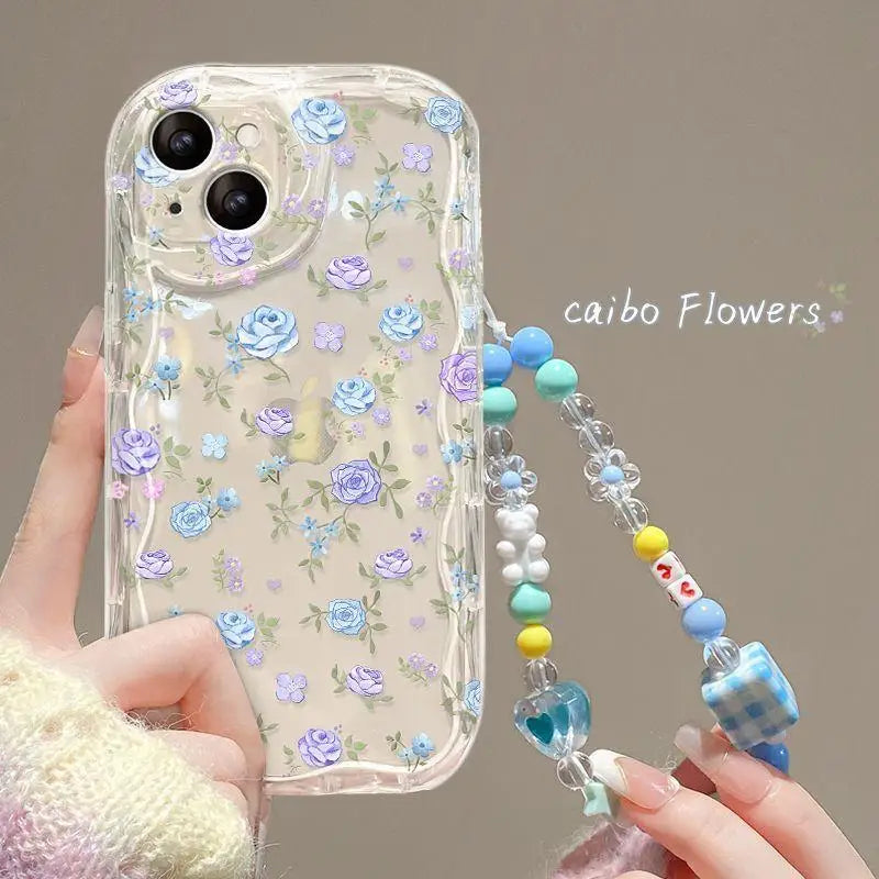 Phone Case For iPhone 16 15 Pro Max 14 11 13 12 Mini XR 8 7 Plus X XS SE 2020 2022  Back Cover Flower Bracelet Wrist Chain Strap