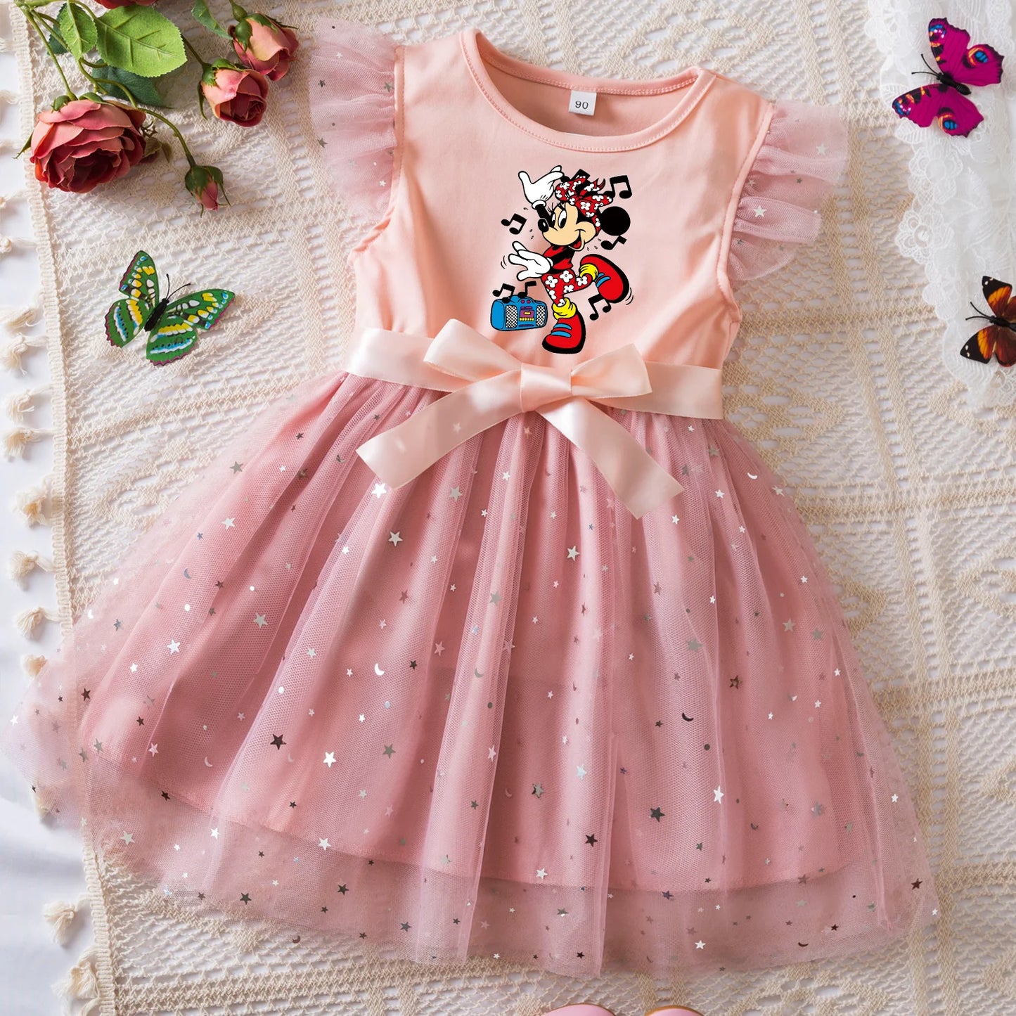 Mickey Minnie Mouse Girls Summer Clothes Flying Sleeves Bow Sequin Dress 2-6Y Kid Birthday Tutu Princess Dress for Baby Girl