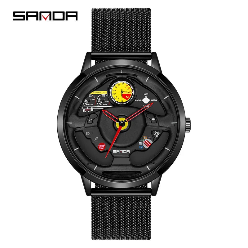 Fashion Sanda Top Brand Innovative Skeleton Men Sports Car Steering Wheel Waterproof Stainless Steel And Leather Quartz Watches