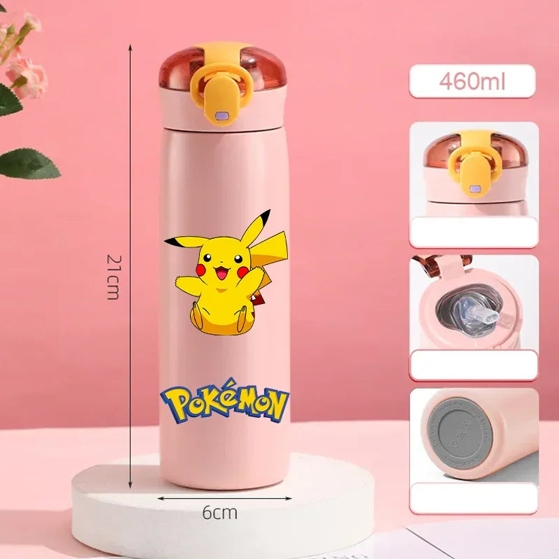 Pokemon 460ML Pikachu Portable Kids Thermos Mug with Straw Stainless Steel Cartoon Vacuum Flasks Cute Thermal Water Bottle