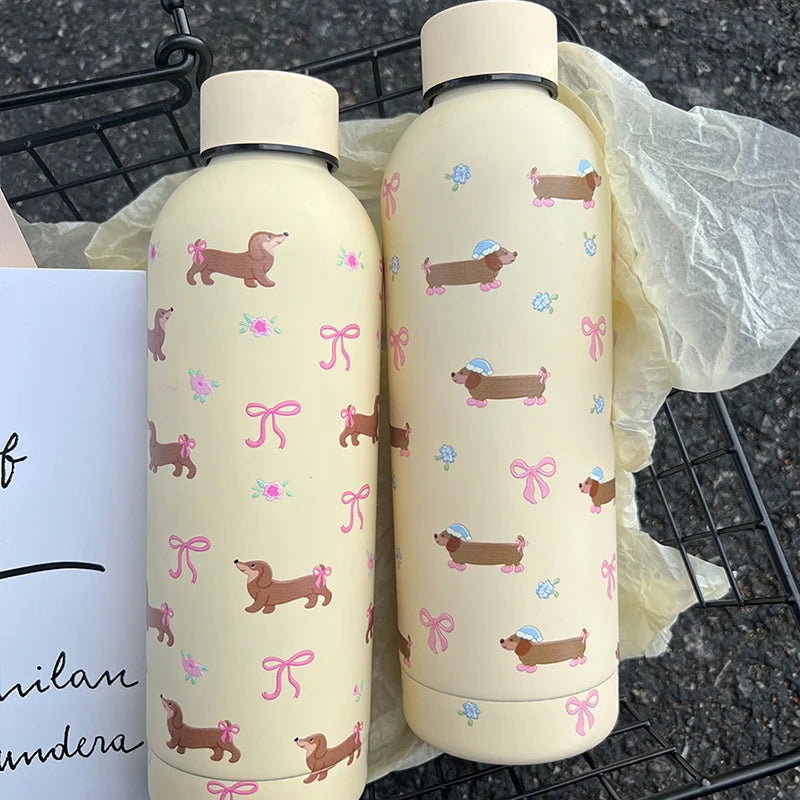 Kawaii Puppy Coffee Tumbler Stainless Steel Thermos Bottle Cup Cute Korean Travel Insulated Flask Thermal Water Bottle 500ml