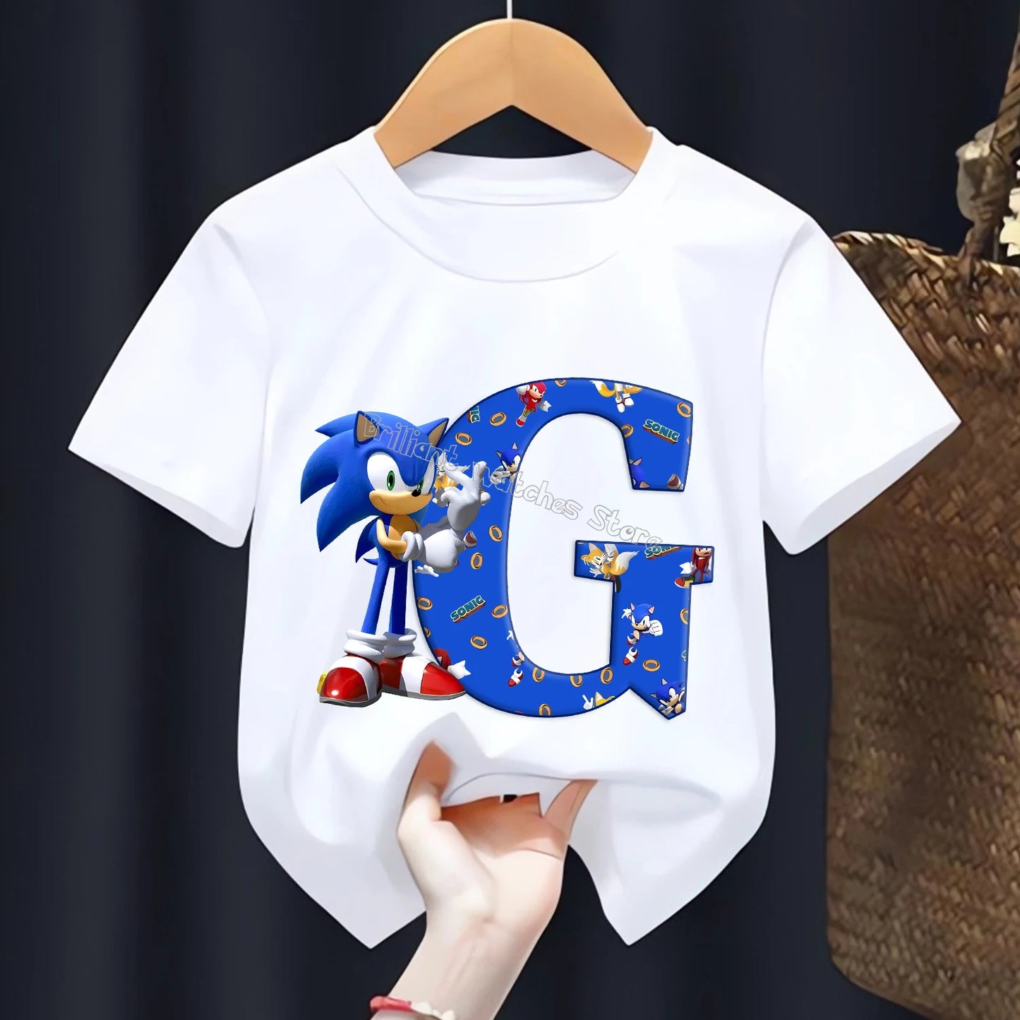 Sonic T-shirt for Children Letters A-Z Tee Top Cartoon Boys Clothes Fashion White Short Sleeve Kids Anime Loose Clothing Gift