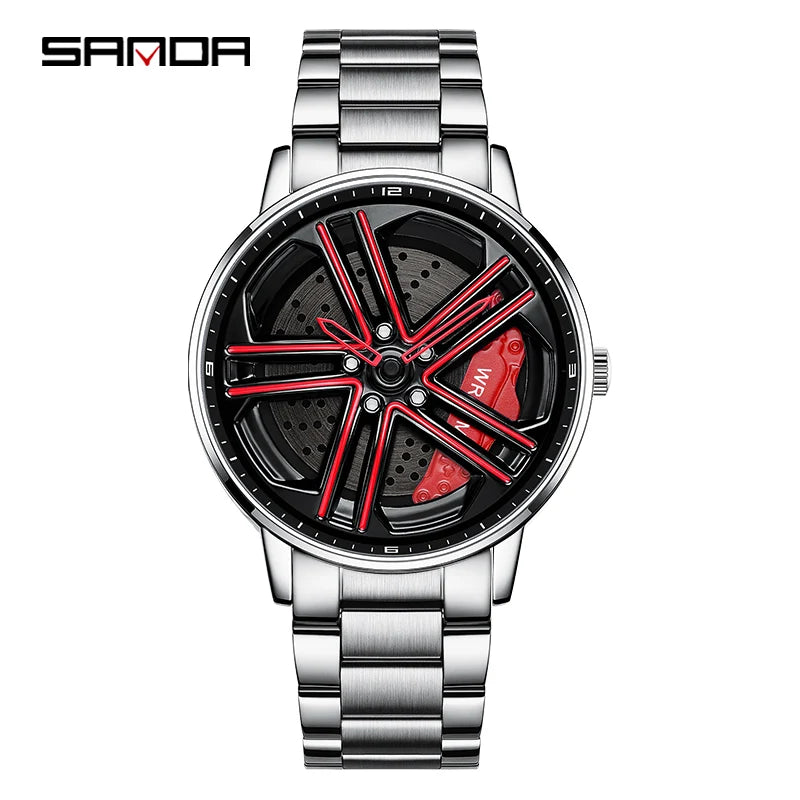 SANDA P1090 Regarder Mens Rim Hub Watch Wheel Wristwatch Clock Sport Car Creative 360 Spinning male WristWatches Reloj de hombre