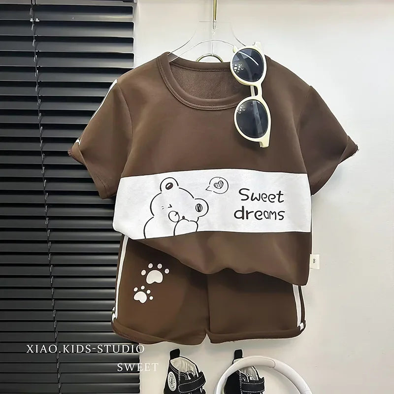 2024 New Kids Short Sleeve Suit Striped Girls Boys Set Summer Tops +short Baby Clothes Children's Wear