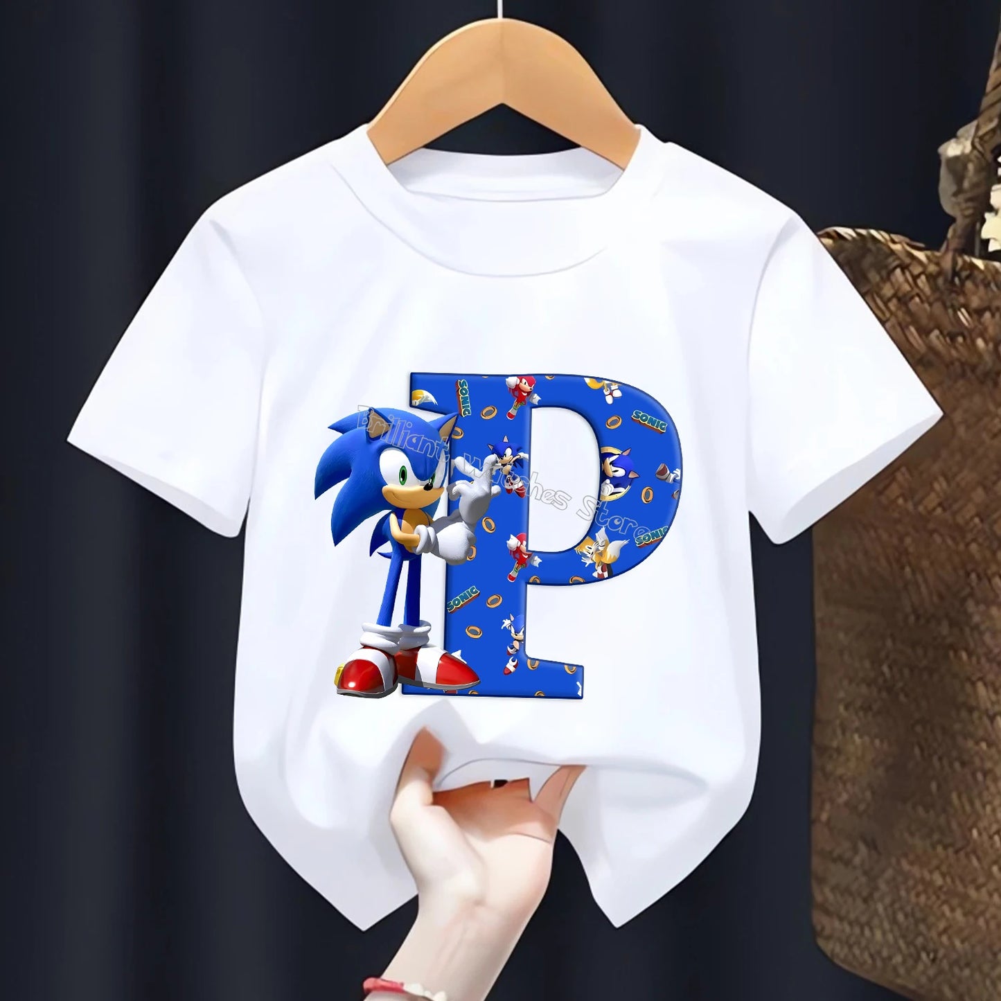 Sonic T-shirt for Children Letters A-Z Tee Top Cartoon Boys Clothes Fashion White Short Sleeve Kids Anime Loose Clothing Gift