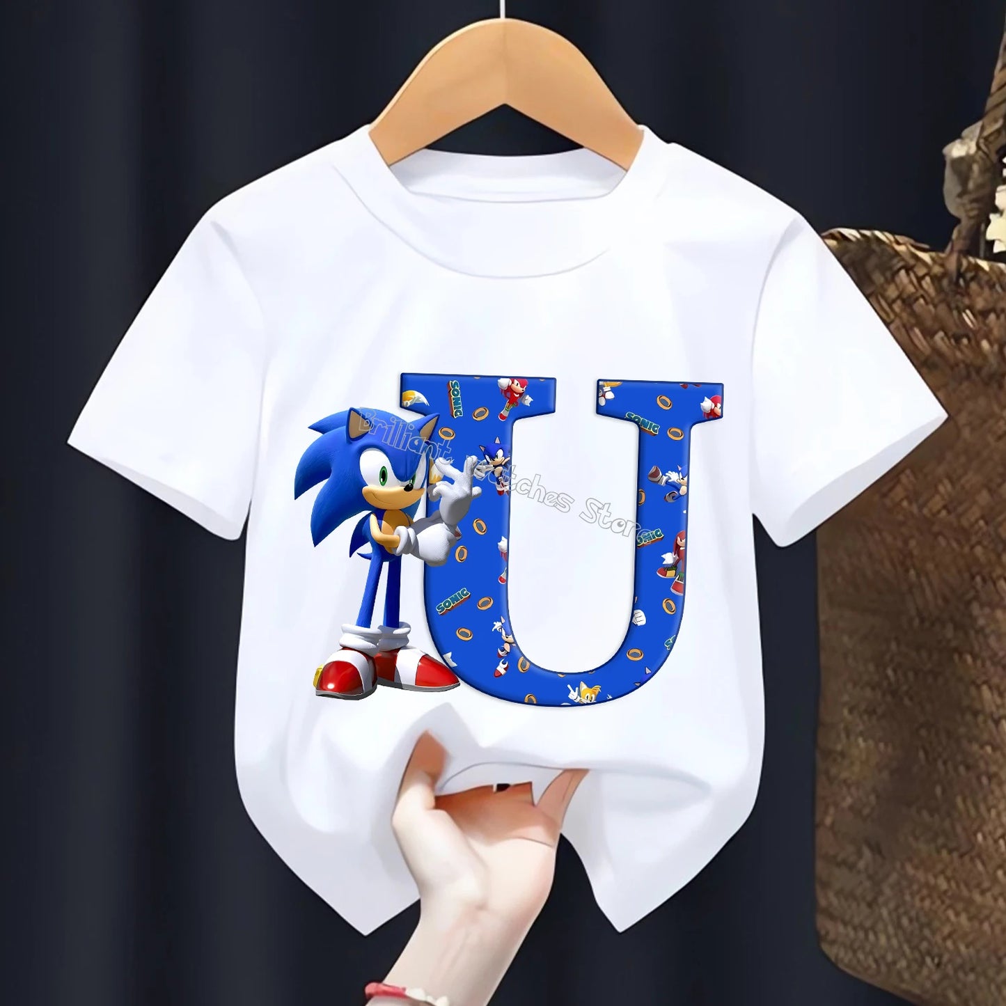 Sonic T-shirt for Children Letters A-Z Tee Top Cartoon Boys Clothes Fashion White Short Sleeve Kids Anime Loose Clothing Gift