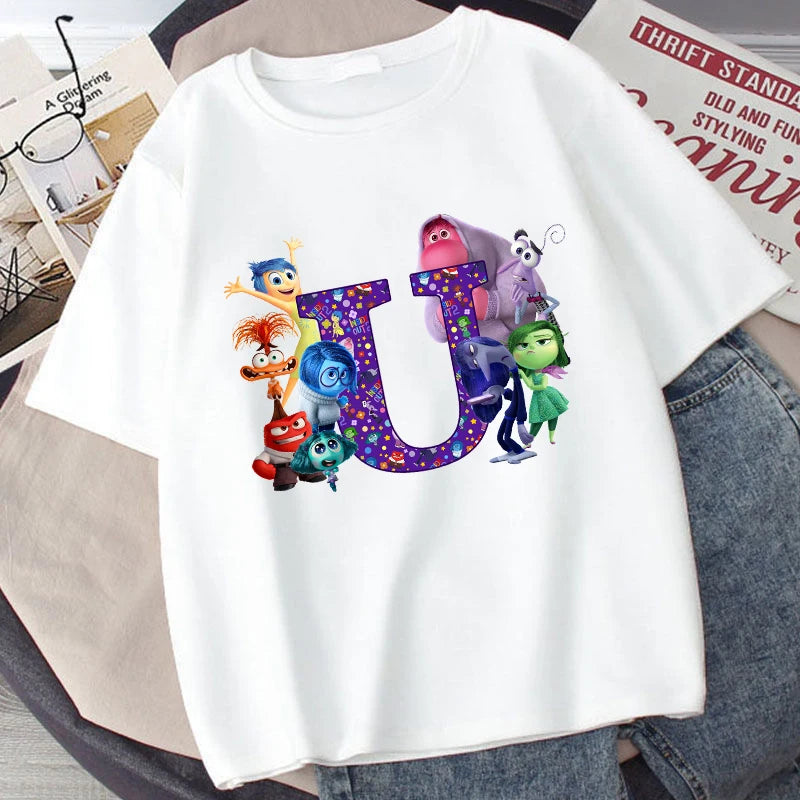 Disney Inside Out 2 Kids Cotton T-Shirt Anime Cartoon 26 Letter Printed Top Summer Loose Comfort Pullover Casual Clothes Gifts