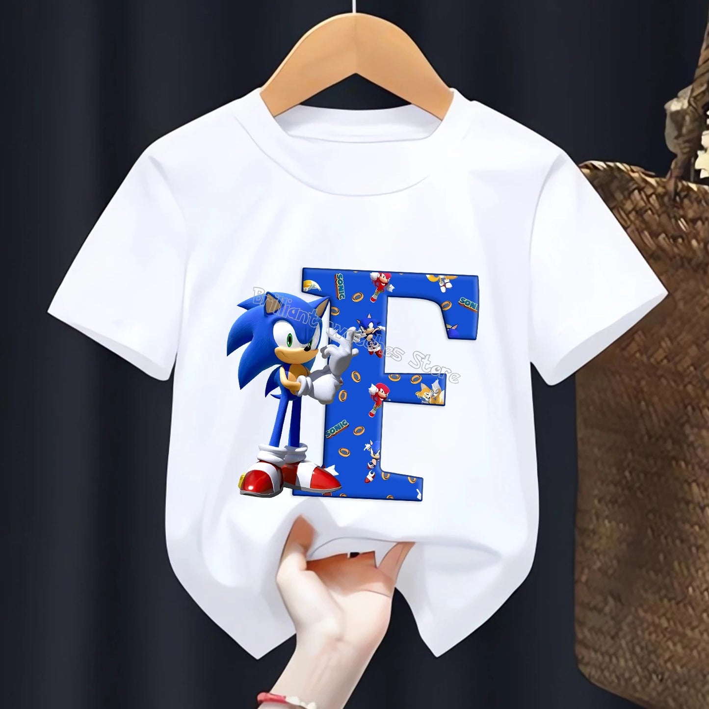 Sonic T-shirt for Children Letters A-Z Tee Top Cartoon Boys Clothes Fashion White Short Sleeve Kids Anime Loose Clothing Gift