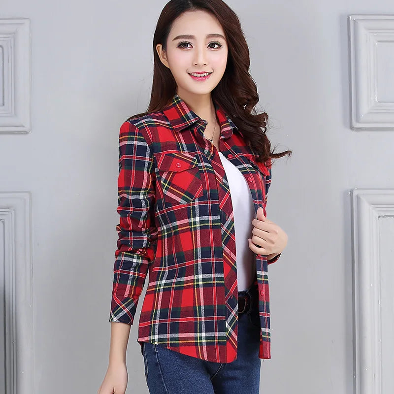 Women's Plaid Shirts 2023 Autumn New Ladies Casual Long Sleeve Pocket Cotton Shirt Fine Elegant Lady Checked Tops Clothes