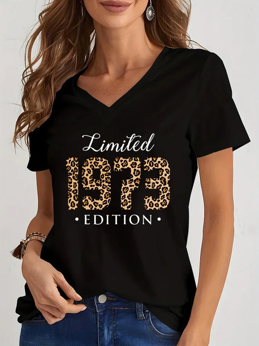 Limited 1974 Edition Print TShirt Streetwear Leopard Years Women Top Harajuku Tee Female Clothes 1975 Birthday V Neck T-shirt