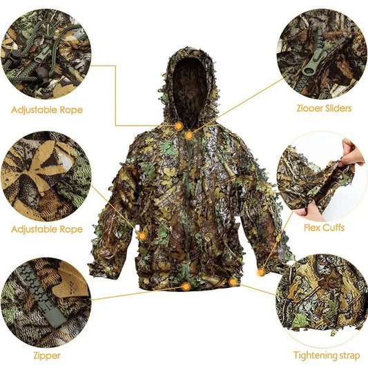 Ghillie Suit Men Women Kids 3D Leafy Bionic Camouflage Hunting Clothing CS Shooting Suit Tactical Combat Clothes Set