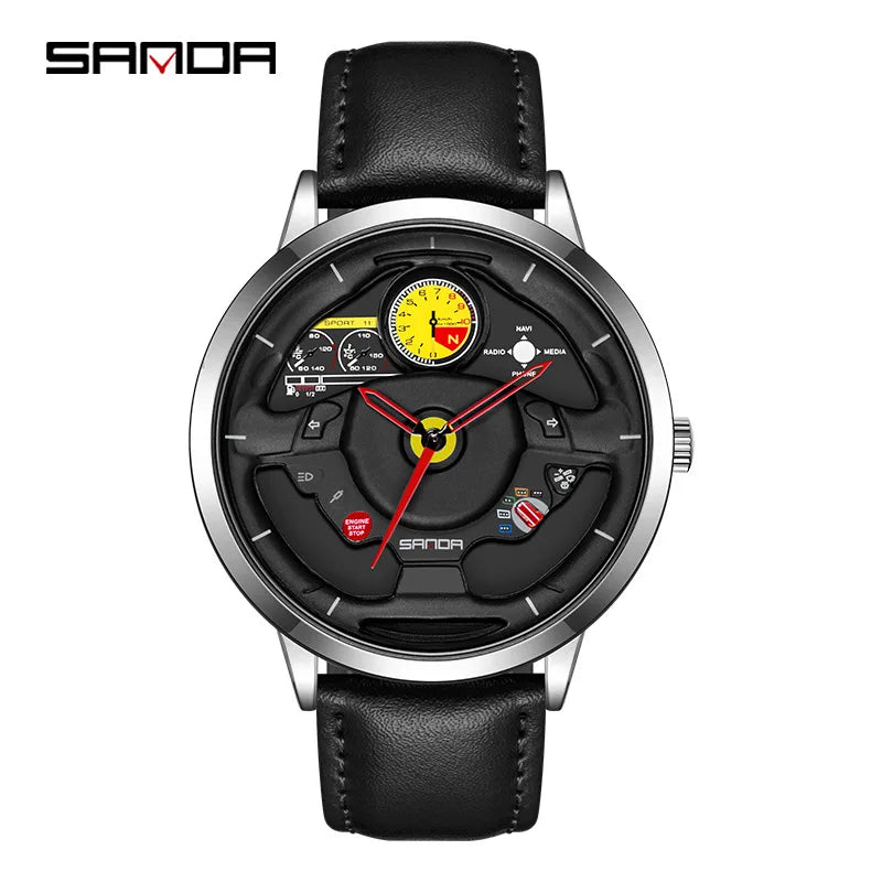 Fashion Sanda Top Brand Innovative Skeleton Men Sports Car Steering Wheel Waterproof Stainless Steel And Leather Quartz Watches