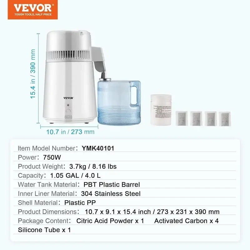 VEVOR 1.1 Gal Water Distiller, 0.3Gal/H, 750W Distilled Water Machine , w/Plastic Container, Water Distillation Kit